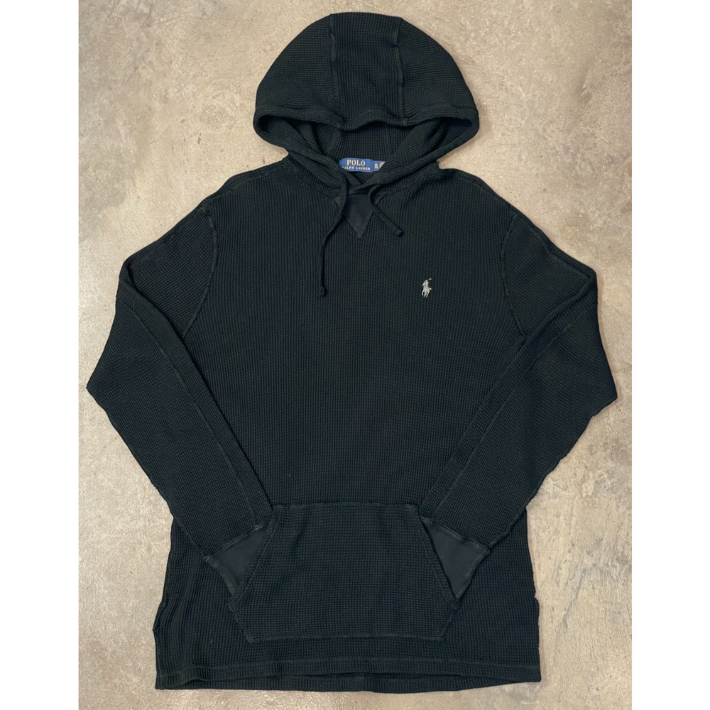Polo Ralph Lauren Hoodie Mens XL Black Waffle Knit Thermal Pullover Casual Warm